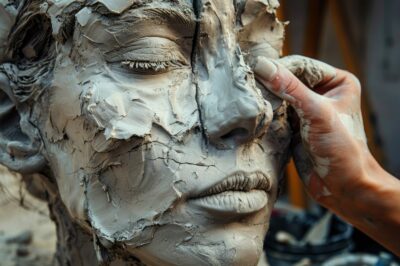 Sculpture of a woman made of clay. Close-up of the sculptor at work, the process of modeling a clay portrait of a person. The sculpture has detailed facial features and a textured surface